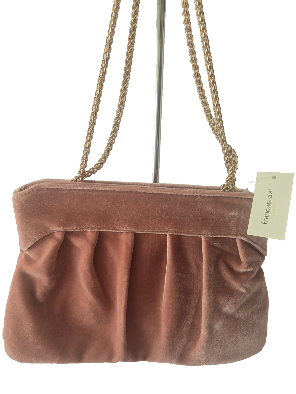 Francesca's Mauve Dusty Rose Ruched Velvet Clutch Gold Chain